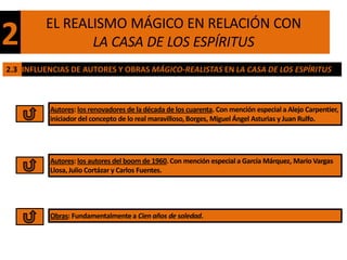 EL REALISMO MÁGICO EN RELACIÓN CON
2               LA CASA DE LOS ESPÍRITUS
2.3 INFLUENCIAS DE AUTORES Y OBRAS MÁGICO-REALISTAS EN LA CASA DE LOS ESPÍRITUS



          Autores: los renovadores de la década de los cuarenta. Con mención especial a Alejo Carpentier,
          iniciador del concepto de lo real maravilloso, Borges, Miguel Ángel Asturias y Juan Rulfo.




          Autores: los autores del boom de 1960. Con mención especial a García Márquez, Mario Vargas
          Llosa, Julio Cortázar y Carlos Fuentes.




          Obras: Fundamentalmente a Cien años de soledad.
 