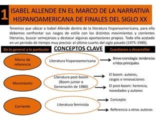 1   ISABEL ALLENDE EN EL MARCO DE LA NARRATIVA
     HISPANOAMERICANA DE FINALES DEL SIGLO XX
    Tenemos que ubicar a Isabel Allende dentro de la literatura hispanoamericana, para ello
    debemos confrontar sus rasgos de estilo con los distintos movimientos y corrientes
    literarias, buscar semejanzas y destacar algunas aportaciones propias. Todo ello acotado
    en un periodo de tiempo muy preciso: el último cuarto del siglo pasado (1975-1980).
De lo general a lo particular     CONCEPTOS CLAVE                Cuestiones a desarrollar

      Marco de                                                    Breve cronología: tendencias
                                Literatura hispanoamericana
      referencia                                                  e hitos principales

                                                                El boom: autores,
                                  Literatura post-boom
                                                                rasgos e innovaciones
     Movimiento                       (Boom junior o
                                  Generación de 1980)           El post-boom: herencia,
                                                                novedades y autores

                                                                 Concepto
       Corriente                    Literatura feminista
                                                                 Referencia a otras autoras
 