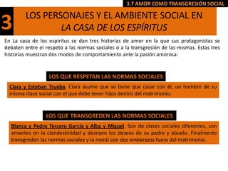 3.7 AMOR COMO TRANSGRESIÓN SOCIAL

         LOS PERSONAJES Y EL AMBIENTE SOCIAL EN
3                LA CASA DE LOS ESPÍRITUS
En La casa de los espíritus se dan tres historias de amor en la que sus protagonistas se
debaten entre el respeto a las normas sociales o a la transgresión de las mismas. Estas tres
historias muestran dos modos de comportamiento ante la pasión amorosa:


                   LOS QUE RESPETAN LAS NORMAS SOCIALES
  Clara y Esteban Trueba. Clara asume que se tiene que casar con él, un hombre de su
  misma clase social con el que debe tener hijos dentro del matrimonio.


                 LOS QUE TRANSGREDEN LAS NORMAS SOCIALES
  Blanca y Pedro Tercero García y Alba y Miguel. Son de clases sociales diferentes, son
  amantes en la clandestinidad y desoyen los deseos de su padre y abuelo. Finalmente
  transgreden las normas sociales y la moral con dos embarazos fuera del matrimonio.
 