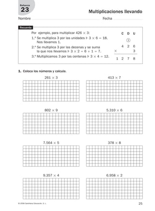 25© 2008 Santillana Educación, S. L.
Multiplicaciones llevando
Refuerzo
23
Nombre Fecha
Recuerda
Por ejemplo, para multiplicar 426 ϫ 3:
1.º Se multiplica 3 por las unidades ᭤ 3 ϫ 6 ϭ 18.
Nos llevamos 1.
2.º Se multiplica 3 por las decenas y se suma
la que nos llevamos ᭤ 3 ϫ 2 ϭ 6 ϩ 1 ϭ 7.
3.º Multiplicamos 3 por las centenas ᭤ 3 ϫ 4 ϭ 12.
1. Coloca los números y calcula.
261 ϫ 3 413 ϫ 7
802 ϫ 9 5.310 ϫ 6
7.564 ϫ 5 378 ϫ 8
9.357 ϫ 4 6.958 ϫ 2
C D U
4 2 6
ϫ 3
1 2 7 8
1
912682 _ 0001-0072.qxd 30/1/08 10:56 Página 25
 