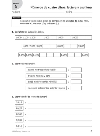 7© 2008 Santillana Educación, S. L.
Números de cuatro cifras: lectura y escritura
Refuerzo
5
Nombre Fecha
1. Completa las siguientes series.
1.000 1.100 1.200 1.400 1.600 1.800
1.000 2.000 3.000 6.000 9.000
Recuerda
Los números de cuatro cifras se componen de unidades de millar (UM),
centenas (C), decenas (D) y unidades (U).
2. Escribe cada número.
᭤cuatro mil trescientos cuatro
᭤tres mil noventa y ocho
᭤cinco mil setecientos noventa
᭤nueve mil setecientos setenta y nueve
3. Escribe cómo se lee cada número.
᭤3.617
᭤6.429
᭤8.300
᭤9.909
᭤5.010
5.900 5.800 5.700 5.300 5.000
912682 _ 0001-0072.qxd 30/1/08 10:56 Página 7
 