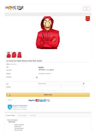La Casa De Papel Money Heist Red Jacket
Rating:
RRP: $119.00
Your Price: $79.00 You Save ($40.00)
Shipping: Calculated at checkout
Sizing Info:
Size: Choose a Size
Quantity:
Add to Cart
Payment:
Buyer Protection
Lowest Price Guaranteed
100% Secure Transaction
Product Description
Specifcation:
Made of Parachute
Hooded style
Two hand pockets
Open-hem cuffs
Product Details Product Gallery Size Chart
$40.00
Saved
1
 