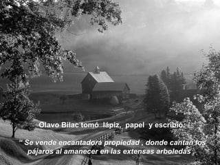Olavo Bilac tomó lápiz, papel y escribió : “ Se vende encantadora propiedad , donde cantan los pájaros al amanecer en las extensas arboledas .
