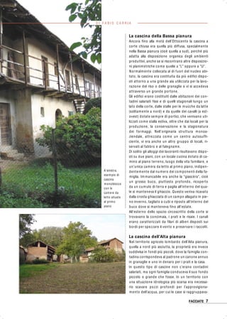 FACCIATE 7
La cascina della Bassa pianura
Ancora fino alla metà dell’Ottocento la cascina a
corte chiusa era quella più diffusa, specialmente
nella Bassa pianura (cioè quella a sud), perché più
adatta alla disposizione organica degli ambienti
produttivi, anche se si riscontrano altre disposizio-
ni planimetriche come quelle a “L” oppure a “U”.
Normalmente collocata al di fuori del nucleo abi-
tato, la cascina era costituita da più edifici dispo-
sti attorno a una grande aia utilizzata per la lavo-
razione del riso o delle granaglie e vi si accedeva
attraverso un grande portone.
Gli edifici erano costituiti dalle abitazioni dei con-
tadini salariati fissi e di quelli stagionali lungo un
lato della corte, dalle stalle per le mucche da latte
(solitamente a nord) e da quelle dei cavalli (a est-
ovest) dotate sempre di portici, che venivano uti-
lizzati come stalla estiva, oltre che dai locali per la
produzione, la conservazione e la stagionatura
dei formaggi. Nell’originaria struttura monoa-
ziendale, attrezzata come un centro autosuffi-
ciente, vi era anche un altro gruppo di locali, ri-
servati al fabbro e al falegname.
Di solito gli alloggi dei lavoranti risultavano dispo-
sti su due piani, con un locale cucina dotato di ca-
mino al piano terreno, luogo della vita familiare, e
un’unica camera da letto al primo piano, indipen-
dentemente dal numero dei componenti della fa-
miglia. Im mancabile era anche la “giascèra”, cioè
un grosso buco, piuttosto profondo, ricoperto
da un cumulo di terra e paglia all’interno del qua-
le si manteneva il ghiaccio. Questo veniva ricavato
dalla crosta ghiacciata di un campo allagato in pie-
no inverno, tagliato a cubi e riposto all’interno del
buco dove si manteneva fino all’estate.
All’esterno dello spazio circoscritto della corte si
trovavano la concimaia, i prati e le risaie. I canali
erano caratterizzati da filari di alberi disposti sui
bordi per spezzare il vento e preservare i raccolti.
La cascina dell’Alta pianura
Nel territorio agricolo lombardo dell’Alta pianura,
quella a nord più asciutta, la proprietà era invece
suddivisa in fondi più piccoli, dove la famiglia con-
tadina corrispondeva al padrone un canone annuo
in granaglie e uno in denaro per i prati e la casa.
In questo tipo di cascine non c’erano contadini
salariati, ma ogni famiglia conduceva il suo fondo
piccolo o grande che fosse. In un territorio con
una situazione idrologica più scarsa era necessa-
rio scavare pozzi profondi per l’approvigiona-
mento dell’acqua, per cui le case si raggruppava-
A sinistra,
esempio di
cascina
monoblocco
con le
camere da
letto situate
al primo
piano
D I F A B I O C A R R I A
 