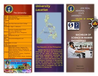 University
Location
The University
Name Jose Rizal Memorial State University
Type
State University
Date
December 15, 2009
Establish
ed
Former Jose Rizal Memorial State College
Name
PresidenDr. Edgar S. Balbuena
t
Governor Guading Adaza Street
Sta. Cruz, Dapitan City
Address
Zamboang del Norte, Philippines
7101
Email info@jrmsu.edu.ph
Address
Web
jrmsumainweb@gmail.com
Develop
er
Telepho (065) 212-6444
ne No.
Fax No. (065) 908-8294
JRMSU Main Campus, Dapitan City
JRMSU Dipolog Campus, Dipolog City
JRMSU Katipunan Campus, Katipunan, Za
Campuse
mboanga del Norte
s
JRMSU Tampilisan Campus, Tampilisan,
Zamboanga del Norte
JRMSU Siocon Campus, Siocon, Zamboang
a del Norte

JOSE RIZAL
MEMORIAL
STATE
UNIVERSITY
COLLEGE OF MARITIME
EDUCATION

BACHELOR OF
SCIENCE IN MARINE
ENGINEERING
The Republic of the Philippines
Dapitan City lies on the Northern tip of
Zamboanga del Norte and Northwestern
coast of the island of Mindanao with
approximate geographical coordinates of
8o50’ North latitude and 123o30’ East
longitude. It is about 404 nautical miles (or
650 kilometers) Southwest of Metropolitan
Manila; 156 nautical miles to Zamboanga
City; 111 nautical miles to Cebu City; 44
nautical miles to Dumaguete City; and 14
kilometers to Dipolog City.

Please Contact:
Ronald A Lacason

 