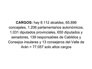 CARGOS:  hay 8.112 alcaldes, 65.896 concejales, 1.206 parlamentarios autonómicos, 1.031 diputados provinciales, 650 diputados y senadores, 139 responsables de Cabildos y Consejos insulares y 13 consejeros del Valle de Arán = 77.057 solo altos cargos 