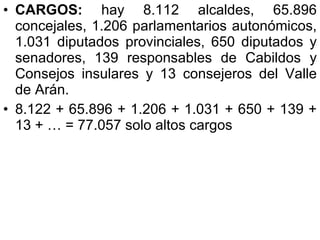 CARGOS:  hay 8.112 alcaldes, 65.896 concejales, 1.206 parlamentarios autonómicos, 1.031 diputados provinciales, 650 diputados y senadores, 139 responsables de Cabildos y Consejos insulares y 13 consejeros del Valle de Arán.  8.122 + 65.896 + 1.206 + 1.031 + 650 + 139 + 13 + … = 77.057 solo altos cargos 