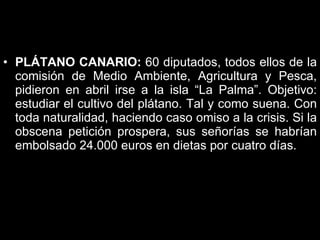 PLÁTANO CANARIO:  60 diputados, todos ellos de la comisión de Medio Ambiente, Agricultura y Pesca, pidieron en abril irse a la isla “La Palma”. Objetivo: estudiar el cultivo del plátano. Tal y como suena. Con toda naturalidad, haciendo caso omiso a la crisis. Si la obscena petición prospera, sus señorías se habrían embolsado 24.000 euros en dietas por cuatro días.  
