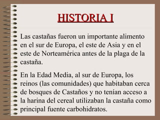 HISTORIA IHISTORIA I
Las castañas fueron un importante alimento
en el sur de Europa, el este de Asia y en el
este de Norteamérica antes de la plaga de la
castaña.
En la Edad Media, al sur de Europa, los
reinos (las comunidades) que habitaban cerca
de bosques de Castaños y no tenían acceso a
la harina del cereal utilizaban la castaña como
principal fuente carbohidratos.
 