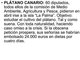 PLÁTANO CANARIO:  60 diputados, todos ellos de la comisión de Medio Ambiente, Agricultura y Pesca, pidieron en abril irse a la isla “La Palma”. Objetivo: estudiar el cultivo del plátano. Tal y como suena. Con toda naturalidad, haciendo caso omiso a la crisis. Si la obscena petición prospera, sus señorías se habrían embolsado 24.000 euros en dietas por cuatro días.  