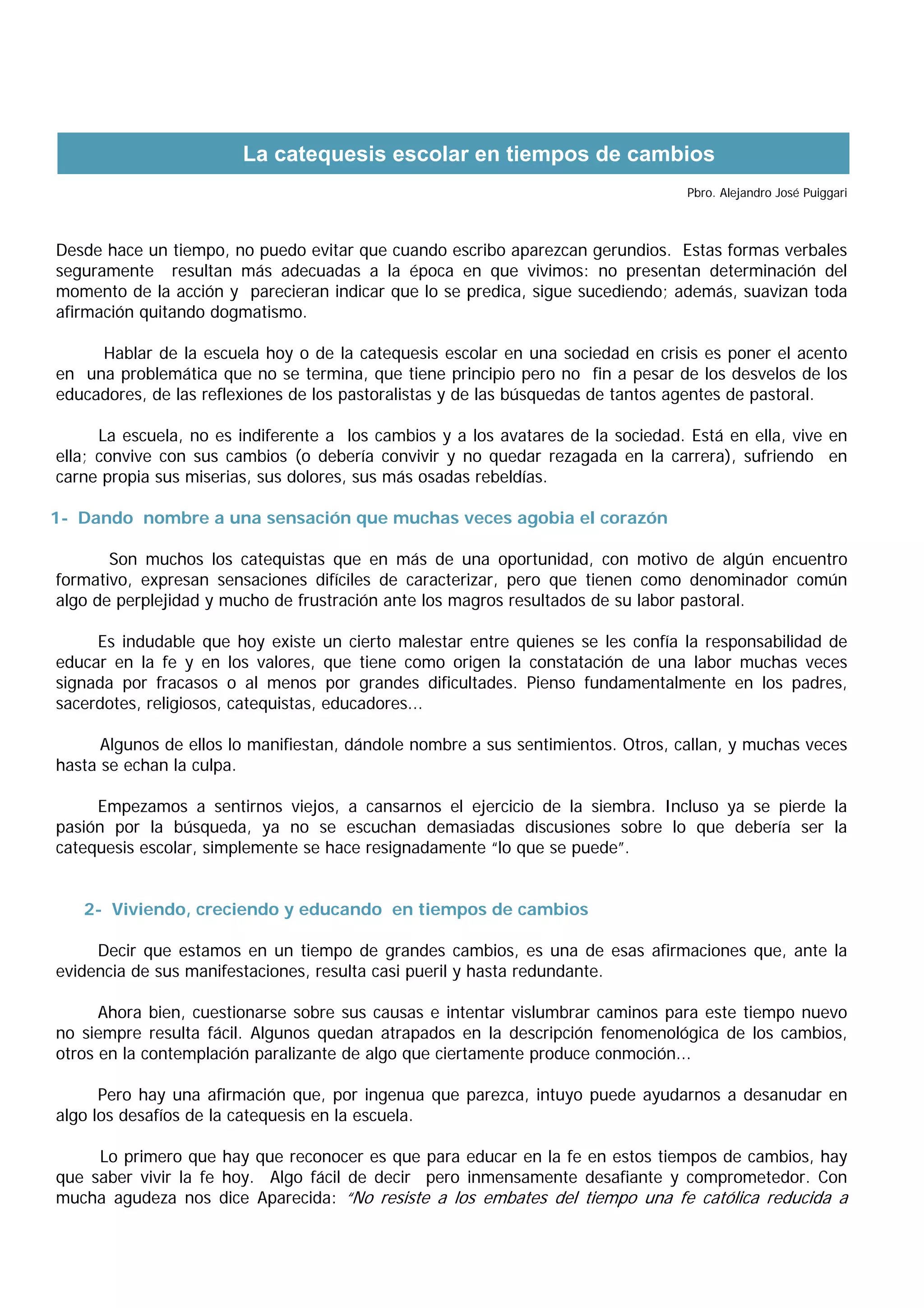 La catequesis escolar en tiempos de cambio | PDF