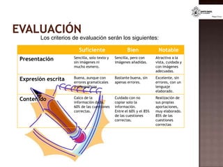 EVALUACIÓNLos criterios de evaluación serán los siguientes: