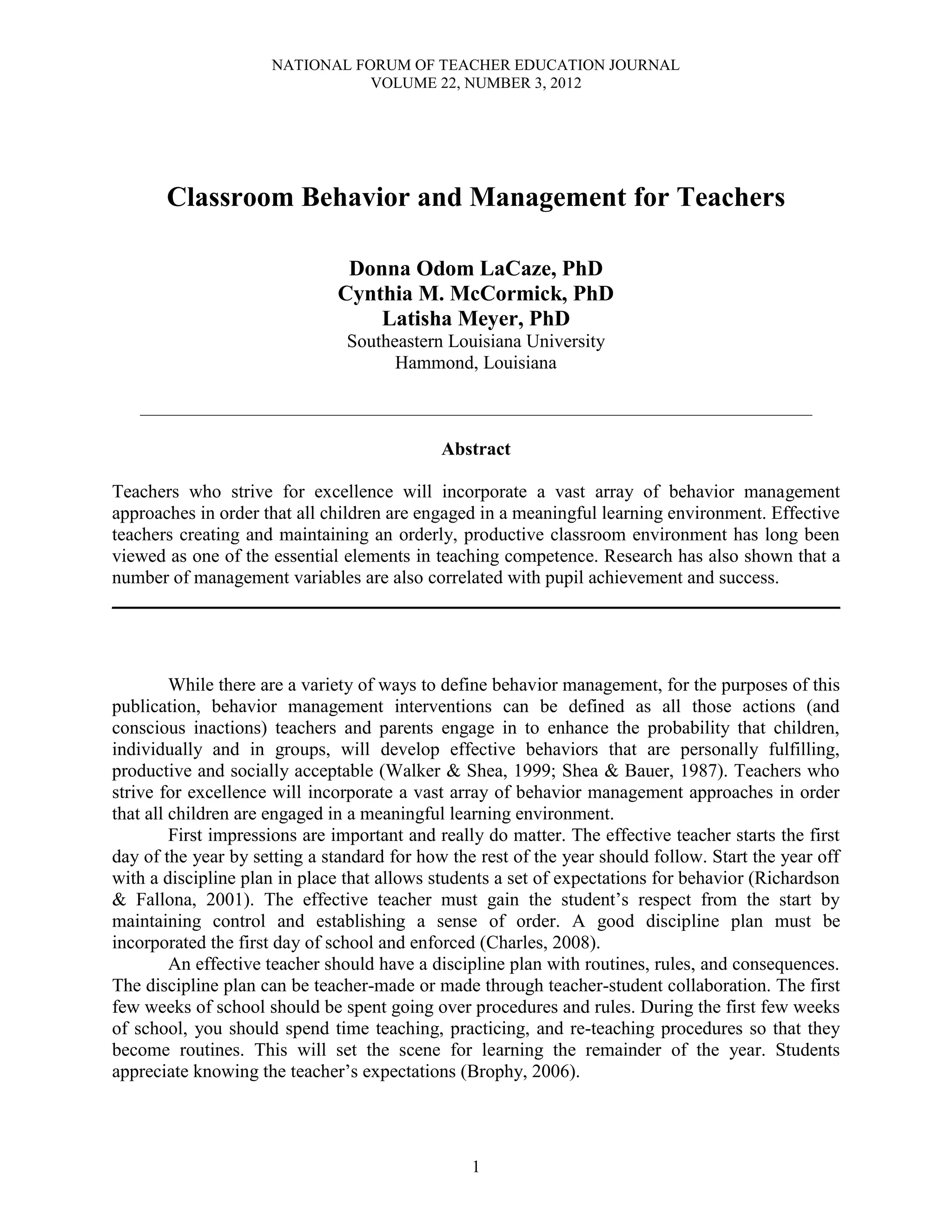La caze donna odom, classroom behavior and management for teachers v22 n2 2012 PDF