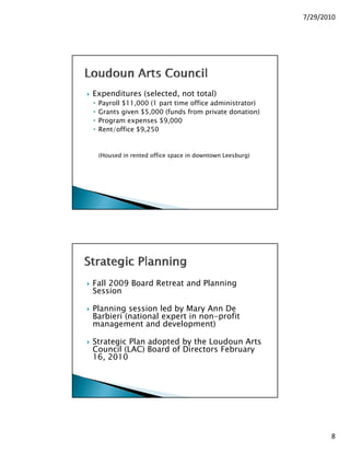 7/29/2010




Expenditures (selected, not total)
•   Payroll $11,000 (1 part time office administrator)
•   Grants given $5,000 (funds from private donation)
•   Program expenses $9,000
•   Rent/office $9,250


    (
    (Housed in rented office space in downtown Leesburg)
                              p                       g)




Fall 2009 Board Retreat and Planning
Session

Planning session led by Mary Ann De
Barbieri (national expert in non-profit
management and development)

Strategic Plan adopted by the Loudoun Arts
Council (LAC) Board of Directors February
C     il       B  d f Di         F b
16, 2010




              © 2010 Loudoun Arts Council, Leesburg, VA
                                                                  8
 