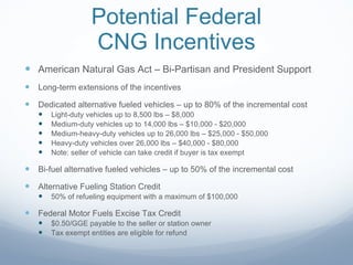 Potential Federal CNG Incentives American Natural Gas Act – Bi-Partisan and President Support Long-term extensions of the incentives Dedicated alternative fueled vehicles – up to 80% of the incremental cost Light-duty vehicles up to 8,500 lbs – $8,000 Medium-duty vehicles up to 14,000 lbs – $10,000 - $20,000 Medium-heavy-duty vehicles up to 26,000 lbs – $25,000 - $50,000 Heavy-duty vehicles over 26,000 lbs – $40,000 - $80,000 Note: seller of vehicle can take credit if buyer is tax exempt Bi-fuel alternative fueled vehicles – up to 50% of the incremental cost Alternative Fueling Station Credit 50% of refueling equipment with a maximum of $100,000 Federal Motor Fuels Excise Tax Credit $0.50/GGE payable to the seller or station owner Tax exempt entities are eligible for refund 