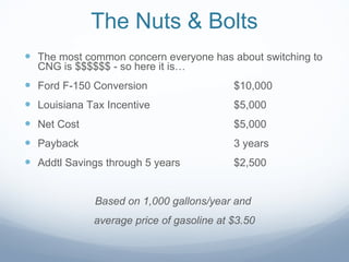 The Nuts & Bolts The most common concern everyone has about switching to CNG is $$$$$$ - so here it is… Ford F-150 Conversion  $10,000 Louisiana Tax Incentive $5,000 Net Cost $5,000 Payback  3 years Addtl Savings through 5 years $2,500 Based on 1,000 gallons/year and  average price of gasoline at $3.50 