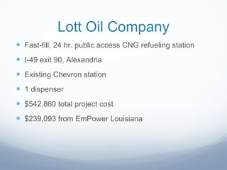 Lott Oil Company Fast-fill, 24 hr. public access CNG refueling station I-49 exit 90, Alexandria Existing Chevron station 1 dispenser $542,860 total project cost $239,093 from EmPower Louisiana 