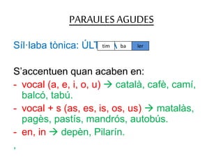 PARAULESAGUDES
Síl·laba tònica: ÚLTIMA
S’accentuen quan acaben en:
- vocal (a, e, i, o, u)  català, cafè, camí,
balcó, tabú.
- vocal + s (as, es, is, os, us)  matalàs,
pagès, pastís, mandrós, autobús.
- en, in  depèn, Pilarín.
,
tim ba ler
 