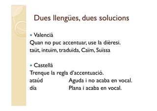 Dues llengües, dues solucions
         llengües

 Valencià
Quan no puc accentuar use la dièresi
                accentuar,       dièresi.
taüt, intuïm, traduïda, Caïm, Suïssa

 Castellà
Trenque la regla d’accentuació.
ataúd           Aguda i no acaba en vocal
                                     vocal.
día             Plana i acaba en vocal.
 