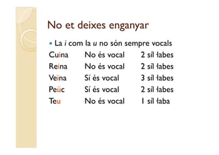 No et deixes enganyar
 La i com la u no són sempre vocals
Cuina      No és vocal     2 síl·labes
Reina      No és vocal     2 síl·labes
Veïna      Sí és vocal     3 síl·labes
Peüc       Sí és vocal     2 síl·labes
Teu        No és vocal     1 síl·laba
 