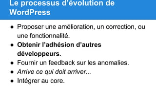 Le processus d’évolution de
WordPress
● Proposer une amélioration, un correction, ou
une fonctionnalité.
● Obtenir l’adhésion d’autres
développeurs.
● Fournir un feedback sur les anomalies.
● Arrive ce qui doit arriver...
● Intégrer au core.
 