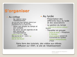 S’organiser
Faire faire des tutoriels, des vidéos aux élèves.
Diffusion sur l’ENT, le site de l’établissement
 Au collège
 Se repérer dans
l’établissement
Jeu de piste avec tablette élaboré par
les élèves de 6ème de l’année
précédente lors du 3ème Trim.
 Gérer son emploi du temps et
son cartable
 Se servir de son agenda et de
son carnet de
correspondance
Séances en PDF – 2008
Mon journal de 6e – 2003 / en
téléchargement
Site de Yaël Boublil
 Au lycée
 Présentation des
différents lieux du lycée
et des associations
 La gestion du temps
Exercices et séances ludiques -
Éduscol
 Travailler en groupe
◦ Fiche et quizz – Phosphore
◦ P. Meirieux
◦ Cours gratuit venant de
l’université du Québec
◦ Cahiers pédagogiques,
n°424
Atelier Canopé de l'Essonne -
11/12/2014
 