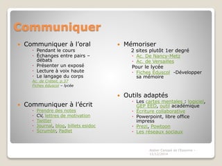 Communiquer
 Mémoriser
2 sites plutôt 1er degré
 Ac. De Nancy-Metz
 Ac. de Versailles
Pour le lycée
 Fiches Éduscol -Développer
sa mémoire
 Outils adaptés
 Les cartes mentales : logiciel,
GEP EED, outil académique
 Écriture collaborative
 Powerpoint, libre office
impress
 Prezi, Powtoon
 Les réseaux sociaux
 Communiquer à l’oral
 Pendant le cours
 Échanges entre pairs –
débats
 Présenter un exposé
 Lecture à voix haute
 Le langage du corps
Ac. de Créteil, p.37
Fiches éduscol – lycée
 Communiquer à l’écrit
 Prendre des notes
 CV, lettres de motivation
 Twitter
 Journal, blog, billets esidoc
 Scrumblr, Padlet
Atelier Canopé de l'Essonne -
11/12/2014
 
