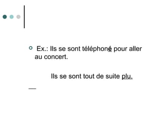  Ex.: Ils se sont téléphoné pour aller
au concert.
Ils se sont tout de suite plu.
 