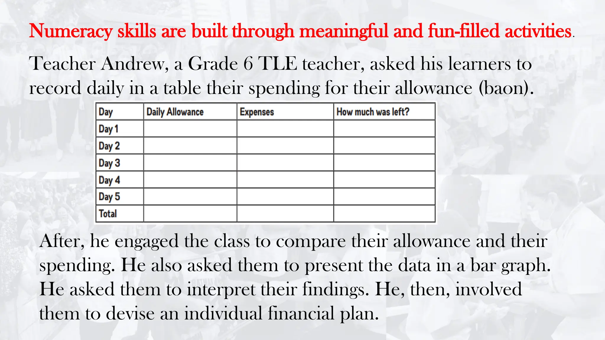Numeracy skills are built through meaningful and fun-filled activities.
Teacher Andrew, a Grade 6 TLE teacher, asked his learners to
record daily in a table their spending for their allowance (baon).
After, he engaged the class to compare their allowance and their
spending. He also asked them to present the data in a bar graph.
He asked them to interpret their findings. He, then, involved
them to devise an individual financial plan.
 