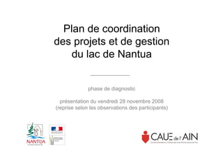 Plan de coordination
des projets et de gestion
    du lac de Nantua


              phase de diagnostic

  présentation du vendredi 28 novembre 2008
(reprise selon les observations des participants)




                                                    1
 