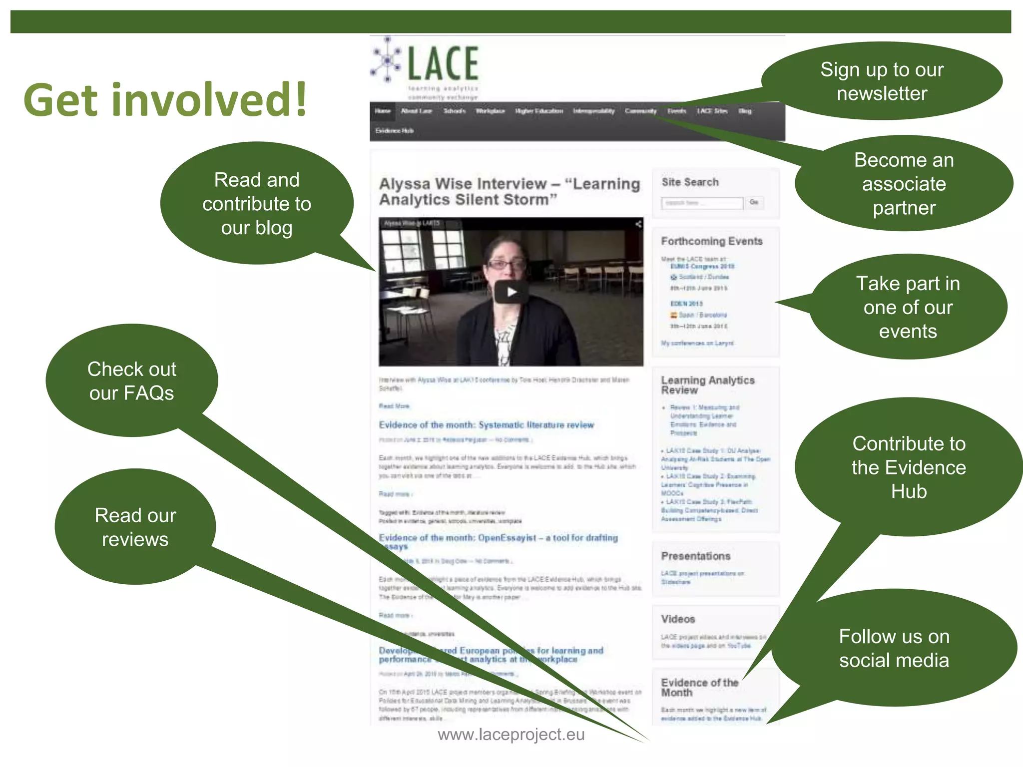 Get involved!
www.laceproject.eu
Read and
contribute to
our blog
Become an
associate
partner
Take part in
one of our
events
Read our
reviews
Contribute to
the Evidence
Hub
Sign up to our
newsletter
Follow us on
social media
Check out
our FAQs
 