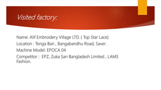Visited factory:
Name: Alif Embroidery Village LTD. ( Top Star Lace)
Location : Tonga Bari , Bangabandhu Road, Saver .
Machine Model: EPOCA 04
Competitor : EPZ, Zuka San Bangladesh Limited , LAMS
Fashion.
 