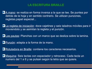 LA ESCRITURA BRAILLE

A mano: se realiza en forma inversa a la que se lee. Se puntea por
detrás de la hoja y en sentido contrario. Se utilizan punzones,
regletas,papel especial...

La regleta de iniciación: doce cajetines y seis taladros móviles para ir
moviendolo y se asimilan la regleta y el punzón.

Las pautas: Planchas con un marco que se desliza sobre la lamina.

Punzón: adapta a la forma de la mano.

Rotuladora en Braille: contiene los caracteres necesarios.

Maquina: Seis teclas con espaciador y retroceso. Cada tecla un
numero del 1 a 6 y se pulsan según la letra que se quiere.
 