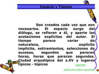 Espacio y Tiempo




           Son creados cada vez que son
necesarios.     El  espacio   surge      del
diálogo, se refieren a él, y aparte las
acotaciones explícitas del autor. El
tiempo         parece      variar        de
naturaleza,                       explícito
implícito, estiramientos, selecciones de
sucesos,      segundos    que      parecen
horas, horas que parecen segundos.
Ciudad arquetípica del s.XV y lugares
típicos - tópicos              siguiente
                         Análisis de criados y prostitutas
 
