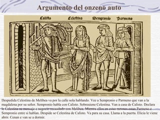 Argumento del onzeno auto

Despedida Celestina de Melibea va por la calle sola hablando. Vee a Sempronio e Parmeno que van a la
magdalena por su señor. Sempronio habla con Calisto. Sobreuiene Celestina. Van a casa de Calisto. Declara
le Celestina su mensaje e negocio recaudado con Melibea. Mientra ellos en estas razones estan Parmeno e
Sempronio entre si hablan. Despide se Celestina de Calisto. Va para su casa. Llama a la puerta. Elicia le viene
abrir. Cenan e van se a dormir.

 
