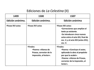 1499 1500 1507
Edición anónima. Edición anónima. Edición anónima
•Posee XVI actos •Posee XVI actos •Posee XXI actos:
•Correcciones que amplían el
texto ya existente.
•Se introducen cinco nuevos
actos entre el acto XIV, final de
esc. V, y el acto XIX (antes XIV),
esc. V.
•Finales:
•Poema: «Alonso de
Proaza, corrector de la
impresión, al lector».
•Finales:
•Poema: «Concluye el autor,
aplicando la obra al propósito
por que la acabó».
•Poema: «Alonso de Proaza,
corrector de la impresión, al
lector».
Ediciones de La Celestina (II)
 