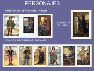 PERSONAJES
PERSONAJES SEÑORIALES: NOBLES
CRIADOS, PROSTITUTAS, RUFIANES
ELEMENTO
DE UNIÓN
 