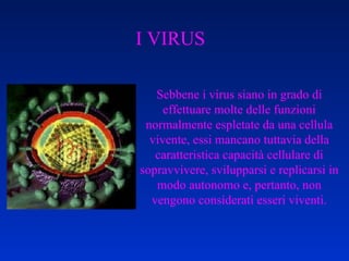 Sebbene i virus siano in grado di effettuare molte delle funzioni normalmente espletate da una cellula vivente, essi mancano tuttavia della caratteristica capacità cellulare di sopravvivere, svilupparsi e replicarsi in modo autonomo e, pertanto, non vengono considerati esseri viventi. I VIRUS 