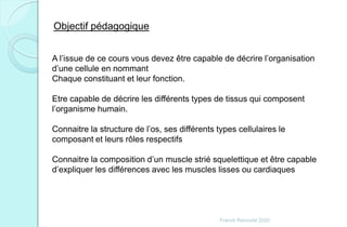 Franck Rencurel 2020
Objectif pédagogique
A l’issue de ce cours vous devez être capable de décrire l’organisation
d’une cellule en nommant
Chaque constituant et leur fonction.
Etre capable de décrire les différents types de tissus qui composent
l’organisme humain.
Connaitre la structure de l’os, ses différents types cellulaires le
composant et leurs rôles respectifs
Connaitre la composition d’un muscle strié squelettique et être capable
d’expliquer les différences avec les muscles lisses ou cardiaques
 