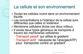 La cellule et son environnement
 Toutes les cellules vivent dans un environnement
liquide.
 Les concentrations à l’intérieur de la cellule sont
différentes que celles à l’extérieur.
 Membrane cellulaire divise ces deux milieux.
 Il existe deux types généraux de transports à
travers les membranes cellulaires :
◦ Transport passif: qui utilise le gradient
◦ Transport actif : nécessite de l’énergie(ATP)
pour transporter contre un gradient
Franck Rencurel 2020
 