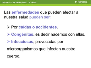 Unidad 1: Los seres vivos. La célula 5º Primaria
Las enfermedades que pueden afectar a
nuestra salud pueden ser:
 Por caídas o accidentes.
 Congénitas, es decir nacemos con ellas.
 Infecciosas, provocadas por
microorganismos que infectan nuestro
cuerpo.
 