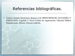 Referencias bibliográficas.
 Tortora, Gerard, Derrickson, Brayan, (s/f), PRINCIPIOS DE ANATOMÍA Y
FISIOLOGÍA, Capítulo 3: Nivel Celular de organización, Editorial Médica
Panamericana, México, Onceava edición.
 