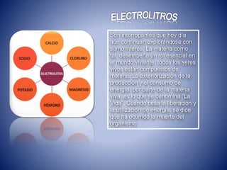 Son interrogantes que hoy día
aún continúan explorándose con
sumo interés. La materia como
tal, desempeña un rol esencial en
el mundo viviente, todos los seres
vivos están compuestos de
materia. La exteriorización de la
producción y el consumo de
energía, por parte de la materia
viva, es lo que se denomina “La
Vida”. Cuando cesa la liberación y
la utilización de energía, se dice
que ha ocurrido la muerte del
organismo.
 
