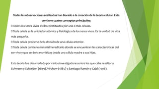 Todas las observaciones realizadas han llevado a la creación de la teoría celular. Esta
contiene cuatro conceptos principales:
Todos los seres vivos están constituidos por una o más células.
Toda célula es la unidad anatómica y fisiológica de los seres vivos. Es la unidad de vida
más pequeña.
Toda célula proviene de la división de una célula anterior.
Toda célula contiene material hereditario donde se encuentran las características del
ser vivo y que serán transmitidas desde una célula madre a sus hijas.
Esta teoría fue desarrollada por varios investigadores entre los que cabe resaltar a
Schwann y Schleiden (1839), Virchow (1885) y Santiago Ramón y Cajal (1906).
 