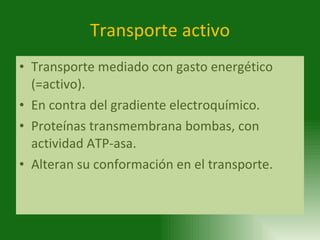 Transporte activo <ul><li>Transporte mediado con gasto energético (=activo). </li></ul><ul><li>En contra del gradiente ele...