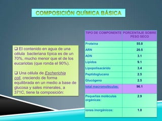 TIPO DE COMPONENTE PORCENTAJE SOBRE
PESO SECO
Proteína

 Una célula de Escherichia
coli, creciendo de forma
equilibrada en un medio a base de
glucosa y sales minerales, a
371C, tiene la composición:

ARN

20.5

ADN

3.1

Lípidos

9.1

Lipopolisacárido

 El contenido en agua de una
célula bacteriana típica es de un
70%, mucho menor que el de los
eucariotas (que ronda el 90%).

55.0

3.4

Peptidoglucano

2.5

Glucógeno

2.5

total macromoléculas:

96.1

Pequeñas moléculas
orgánicas:

2.9

iones inorgánicos:

1.0

 
