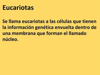 Eucariotas  Se llama eucariotas a las células que tienen la información genética envuelta dentro de una membrana que forman el llamado núcleo. 