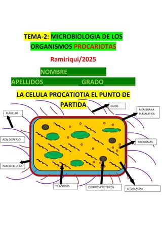 TEMA-2: MICROBIOLOGIA DE LOS
ORGANISMOS PROCARIOTAS
Ramiriqui/2025
NOMBRE___________
APELLIDOS__________ GRADO_________
LA CELULA PROCATIOTIA EL PUNTO DE
PARTIDA CILIOS
FLAGELOS
PARED CELULAR
MEMBRANA
PLASMATICA
ADN DISPERSO
CUERPOS PROTEICOS
RIBOSOMAS
TILACOIDES
CITOPLASMA
 