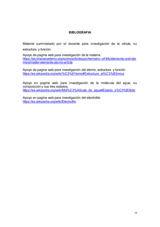 22
BIBLOGRAFIA
Material suministrado por el docente para investigación de la célula, su
estructura y función.
Apoyo de pagina web para investigación de la materia.
https://es.khanacademy.org/science/biology/chemistry--of-life/elements-and-ato
ms/a/matter-elements-atoms-article
Apoyo de pagina web para investigación del átomo, estructura y función
https://es.wikipedia.org/wiki/%C3%81tomo#Estructura_at%C3%B3mica
Apoyo en pagina web para investigación de la molécula del agua, su
composición y sus tres estados.
https://es.wikipedia.org/wiki/Mol%C3%A9cula_de_agua#Estado_s%C3%B3lido
Apoyo en pagina web para investigación del electrolito
https://es.wikipedia.org/wiki/Electrolito
 
