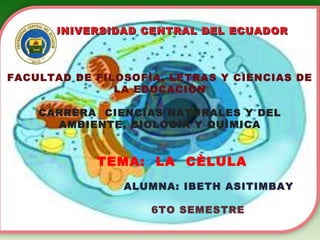 UNIVERSIDAD CENTRAL DEL ECUADOR



FACULTAD DE FILOSOFÌA, LETRAS Y CIENCIAS DE
               LA EDUCACIÒN

    CARRERA CIENCIAS NATURALES Y DEL
      AMBIENTE, BIOLOGÌA Y QUÌMICA


            TEMA: LA CÈLULA
                ALUMNA: IBETH ASITIMBAY

                    6TO SEMESTRE
 
